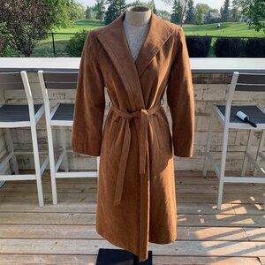 Vintage 60s Union Made Camel Faux Suede Belted Quilt Lined Long Trench Overcoat